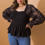 This top features a smocked bodice and square neckline, giving you a flattering fit that's bound to make you the center of attention, with contrasting sleeve with a ruffled cuff and peplum design.